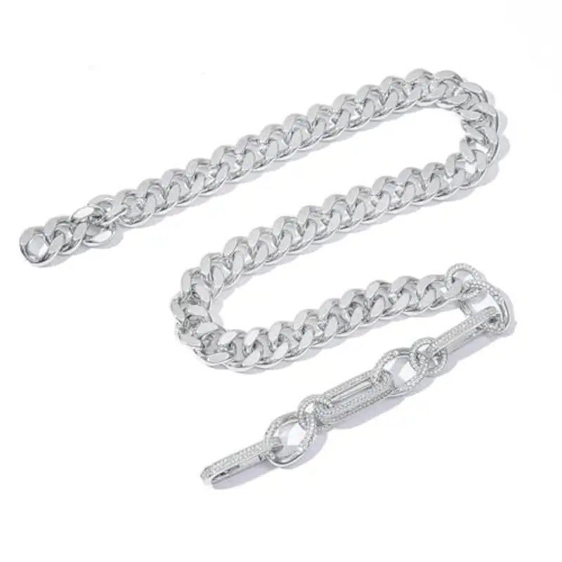 Generico Collana a Catena Curb Placcata Rodio - Colore Bianco con Cristalli, 50cm, Larghezza 1.4cm, Gioiello Moderno miniatura 3