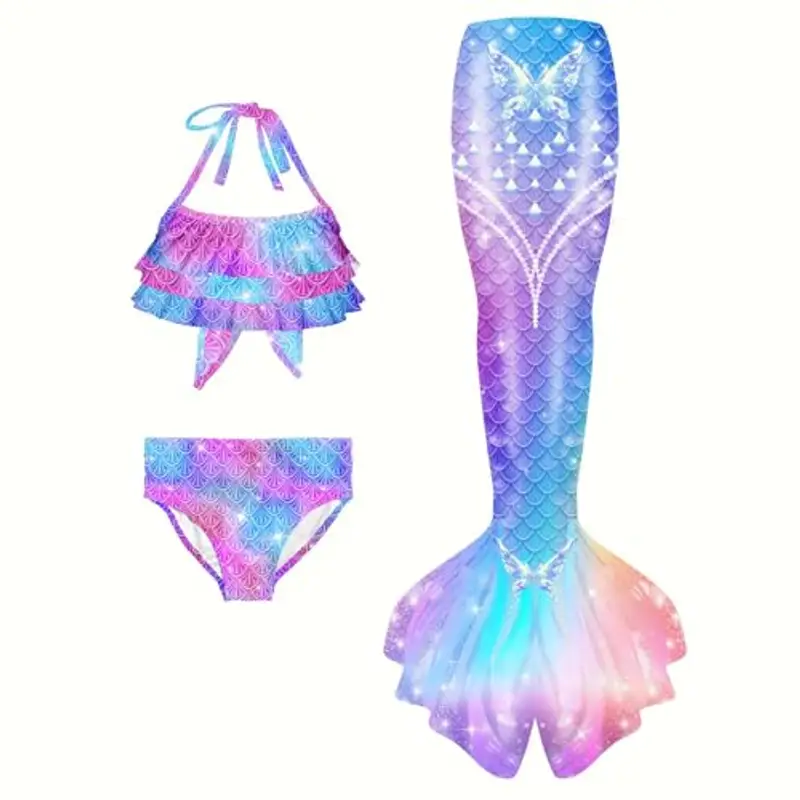 Generico Costume da bagno bikini bambina 3 pezzi bikini adolescente ragazza spallacci regolabili costumi da bagno sirena bambini 4-13 anni con Bikini Cosplay
