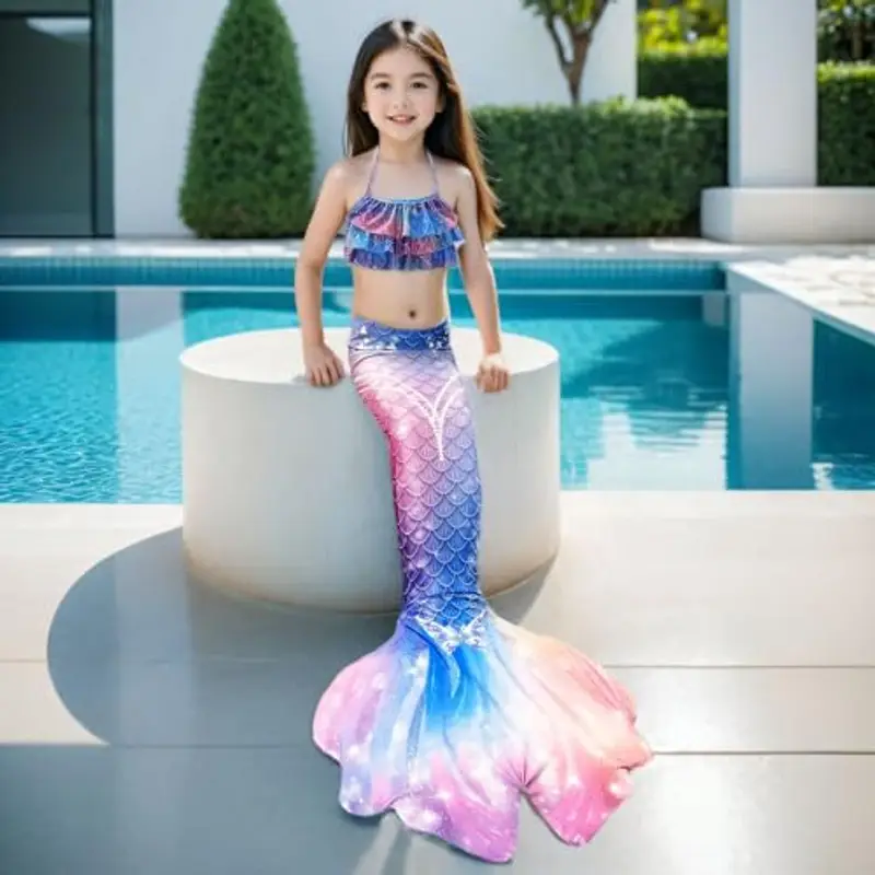 Generico Costume da bagno bikini bambina 3 pezzi bikini adolescente ragazza spallacci regolabili costumi da bagno sirena bambini 4-13 anni con Bikini Cosplay miniatura 3