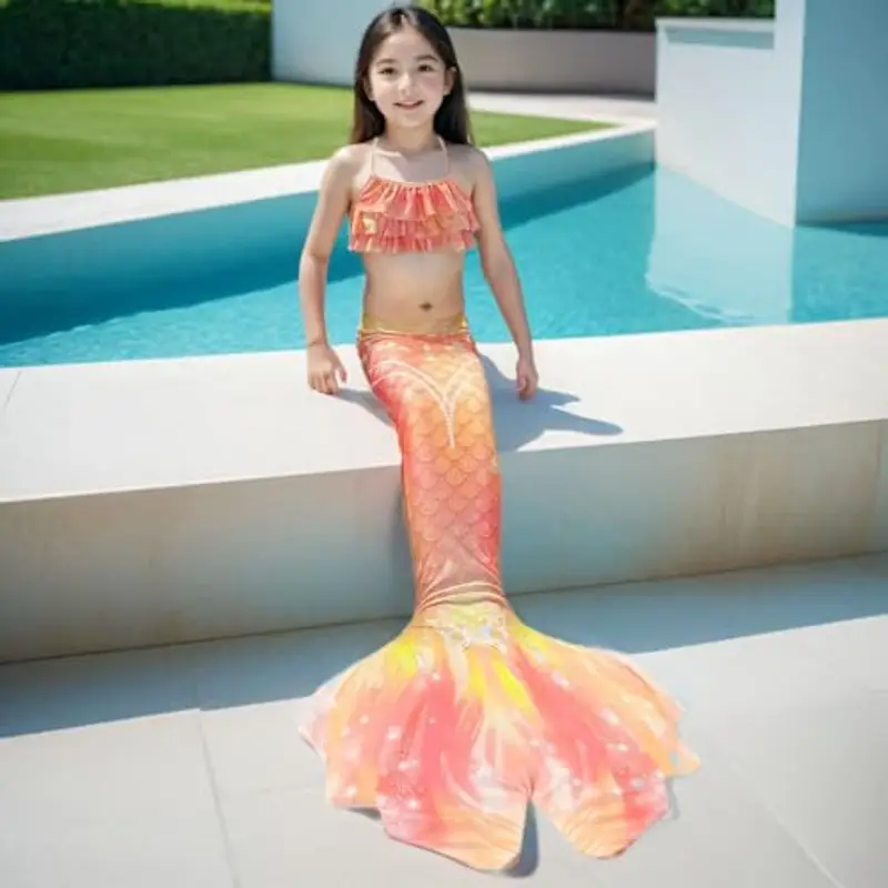 Generico Costume da bagno bikini bambina 3 pezzi bikini adolescente ragazza spallacci regolabili costumi da bagno sirena bambini 4-13 anni con Bikini Cosplay miniatura 2