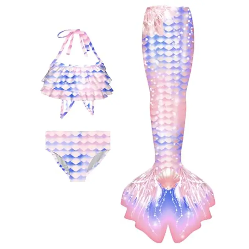 Generico Costume da bagno bikini bambina 3 pezzi bikini adolescente ragazza spallacci regolabili costumi da bagno sirena bambini 4-13 anni con Bikini Cosplay