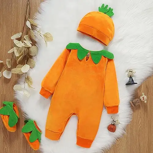 Generico Costume Zucca Neonato 3 Pezzi Vestito Zucca Neonato Costume Bambino Unisex Pagliaccetto con Cappello E Costumi miniatura 2