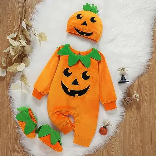 Generico Costume Zucca Neonato 3 Pezzi Vestito Zucca Neonato Costume Bambino Unisex Pagliaccetto con Cappello E Costumi miniatura 3