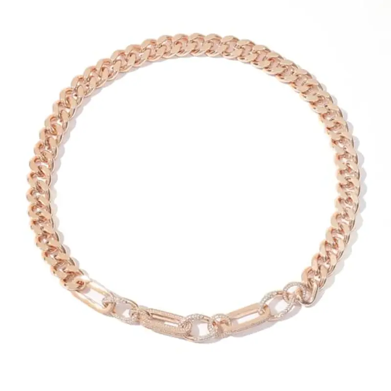 Generico Gioiello a Catena Curb con Cristalli - Placcato Oro Rosa 18K, Lunghezza 50cm, Larghezza 1.4cm, Uomo e Donna