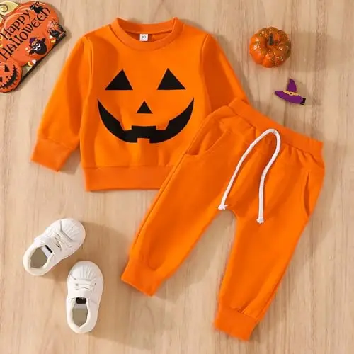 Generico Tuta da Neonato 2 pezzi Completo Set Neonato Arancione di Halloween Unisex Magliette Manica Lunga Top Maglia miniatura 2