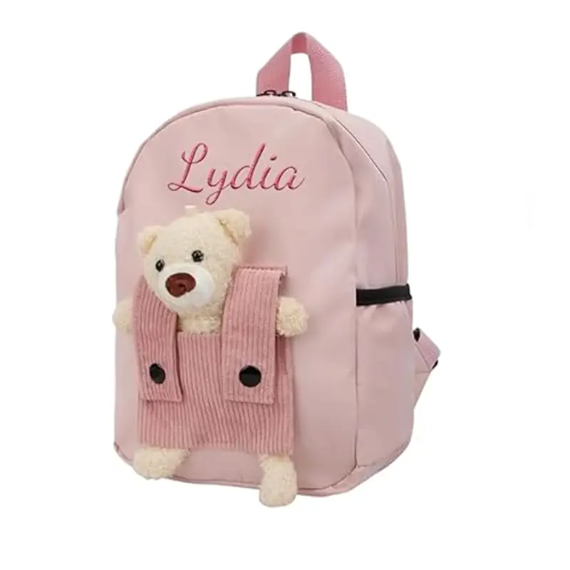 Generico Zainetto Bambino Personalizzato con Nome Ricamato, Zaino Bambino con Orsacchiotto Rimovibile per Scuola Materna ed Elementare, Zaino Unisex per Ragazze e Ragazzi (Rosa)