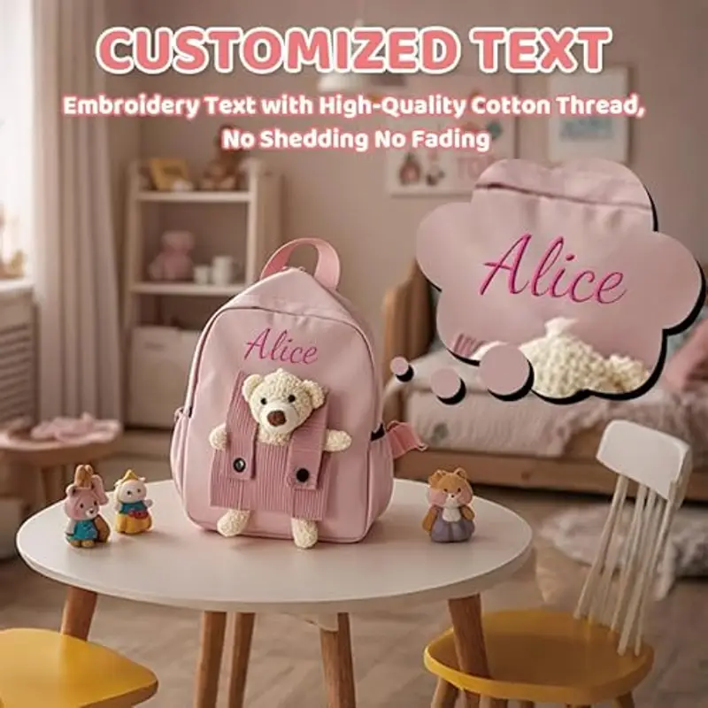 Generico Zainetto Bambino Personalizzato con Nome Ricamato, Zaino Bambino con Orsacchiotto Rimovibile per Scuola Materna ed Elementare, Zaino Unisex per Ragazze e Ragazzi (Rosa) miniatura 2