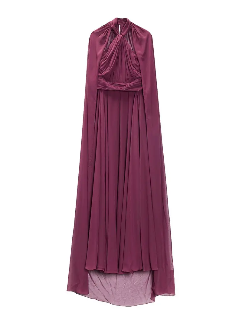 Vestito Lungo Mantella Chiffon Rosso Scuro