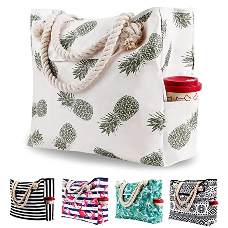 Genovega Borsa da Spiaggia in Tela Grande - Borse in Tessuto da Mare Donna, XXL Shopper Tracolla per Viaggio, Shopping, Beach Tote Bag con Chiusura Fibbia Magnetica, Ananas Tropicale