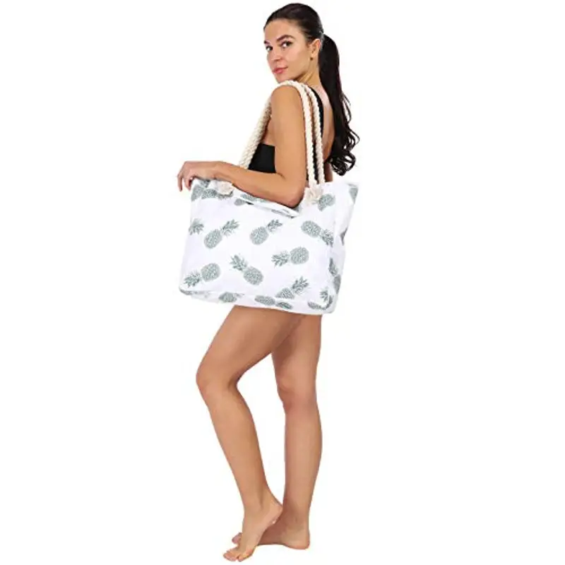 Genovega Borsa da Spiaggia in Tela Grande - Borse in Tessuto da Mare Donna, XXL Shopper Tracolla per Viaggio, Shopping, Beach Tote Bag con Chiusura Fibbia Magnetica, Ananas Tropicale miniatura 2
