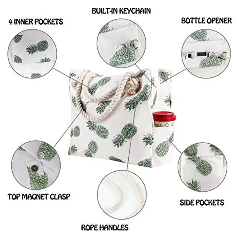Genovega Borsa da Spiaggia in Tela Grande - Borse in Tessuto da Mare Donna, XXL Shopper Tracolla per Viaggio, Shopping, Beach Tote Bag con Chiusura Fibbia Magnetica, Ananas Tropicale miniatura 3