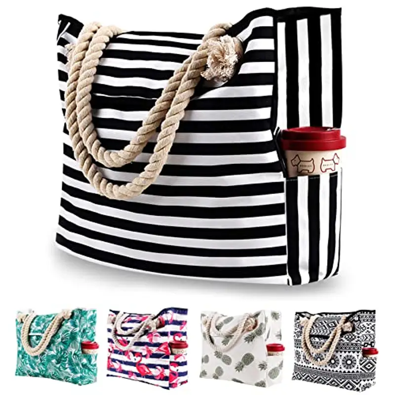 Genovega Borsa da Spiaggia in Tela Grande - Borse in Tessuto da Mare Donna, XXL Shopper Tracolla per Viaggio, Shopping, Beach Tote Bag con Chiusura Fibbia Magnetica, Bianco e Nero
