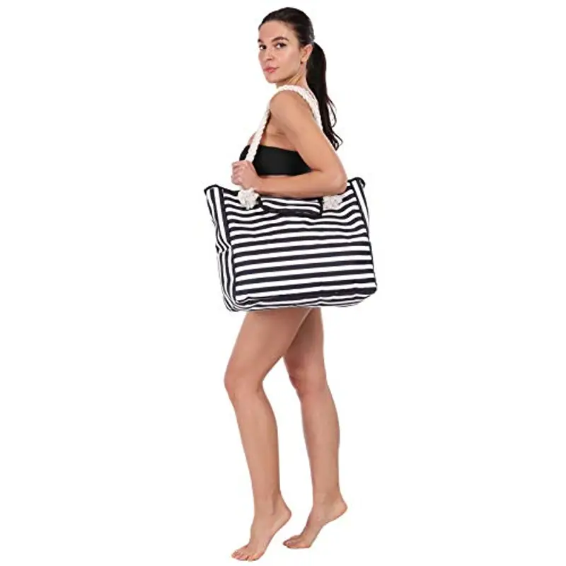 Genovega Borsa da Spiaggia in Tela Grande - Borse in Tessuto da Mare Donna, XXL Shopper Tracolla per Viaggio, Shopping, Beach Tote Bag con Chiusura Fibbia Magnetica, Bianco e Nero miniatura 2