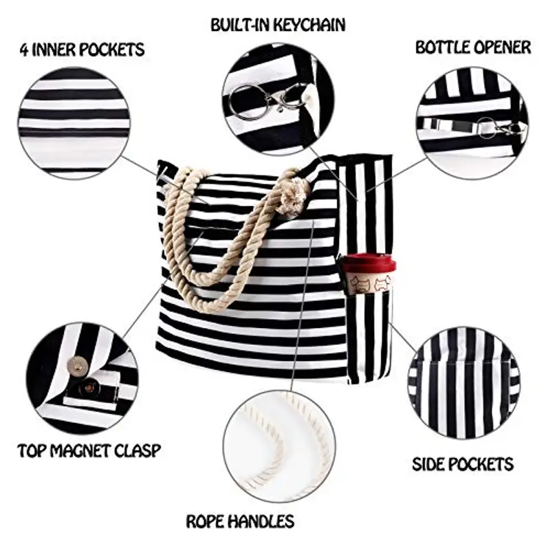 Genovega Borsa da Spiaggia in Tela Grande - Borse in Tessuto da Mare Donna, XXL Shopper Tracolla per Viaggio, Shopping, Beach Tote Bag con Chiusura Fibbia Magnetica, Bianco e Nero miniatura 3