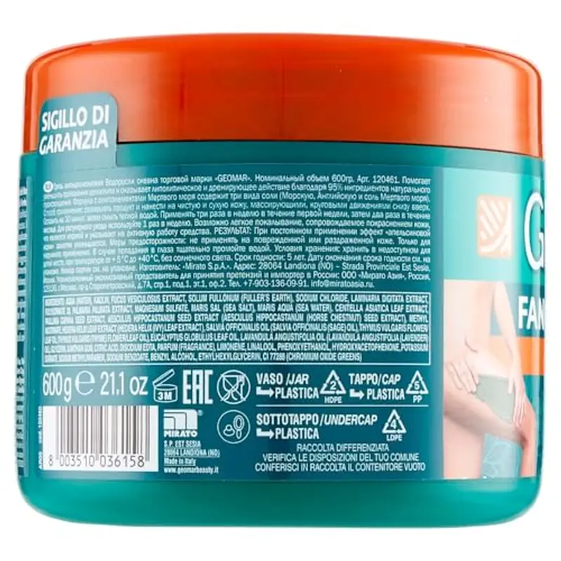 GEOMAR | Fango d'Alga Oceanica Rimodellante contro gli Inestetismi della Cellulite, 95% di Origine Naturale, con Tris Di Sali (Marino, di Epsom e del Mar Morto) e Acqua d' Alga, Made in Italy, 600 g miniatura 3
