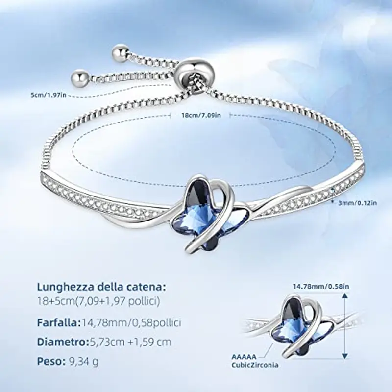 GEORGE · SMITH Bracciale Donna Argento, Regolabile Bracciale Farfalla con Cristallo 5A - Idee Regalo Donne per Natale, Anniversario, Pompleanno Con scatola miniatura 3
