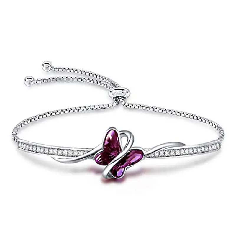 GEORGE · SMITH Bracciale in oro bianco da donna, bracciale regolabile Bracciale a farfalla in cristallo viola - Idea regalo per donna per Natale, anniversario, compleanno con scatola