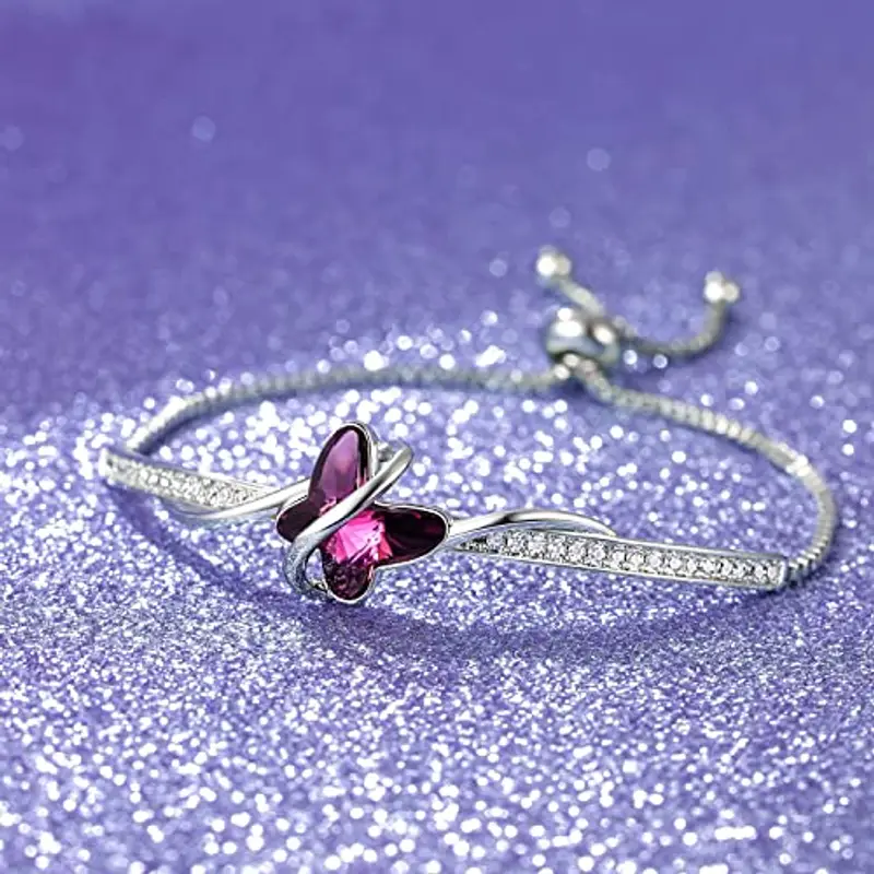 GEORGE · SMITH Bracciale in oro bianco da donna, bracciale regolabile Bracciale a farfalla in cristallo viola - Idea regalo per donna per Natale, anniversario, compleanno con scatola miniatura 2