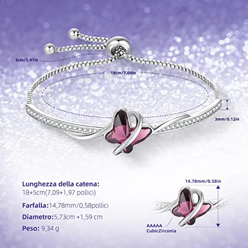 GEORGE · SMITH Bracciale in oro bianco da donna, bracciale regolabile Bracciale a farfalla in cristallo viola - Idea regalo per donna per Natale, anniversario, compleanno con scatola miniatura 3