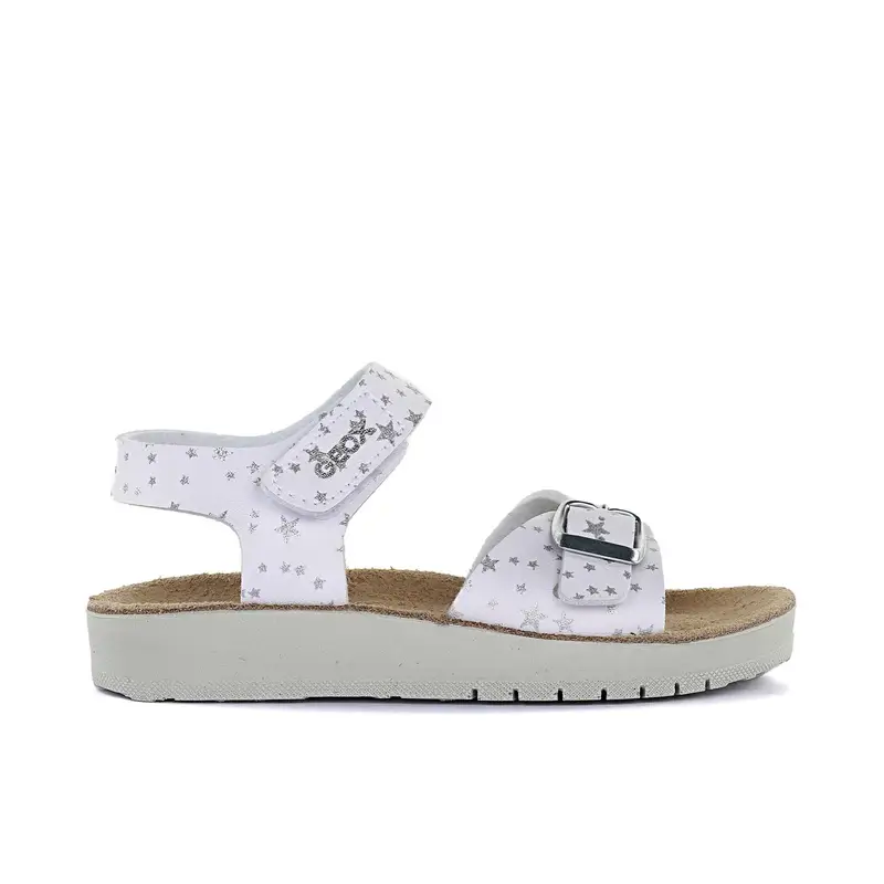 Sandali bianchi da ragazza in stampa stelle con fondo effetto sughero