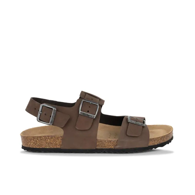 Sandali marroni da uomo in pelle con fondo effetto sughero e doppia fibbia