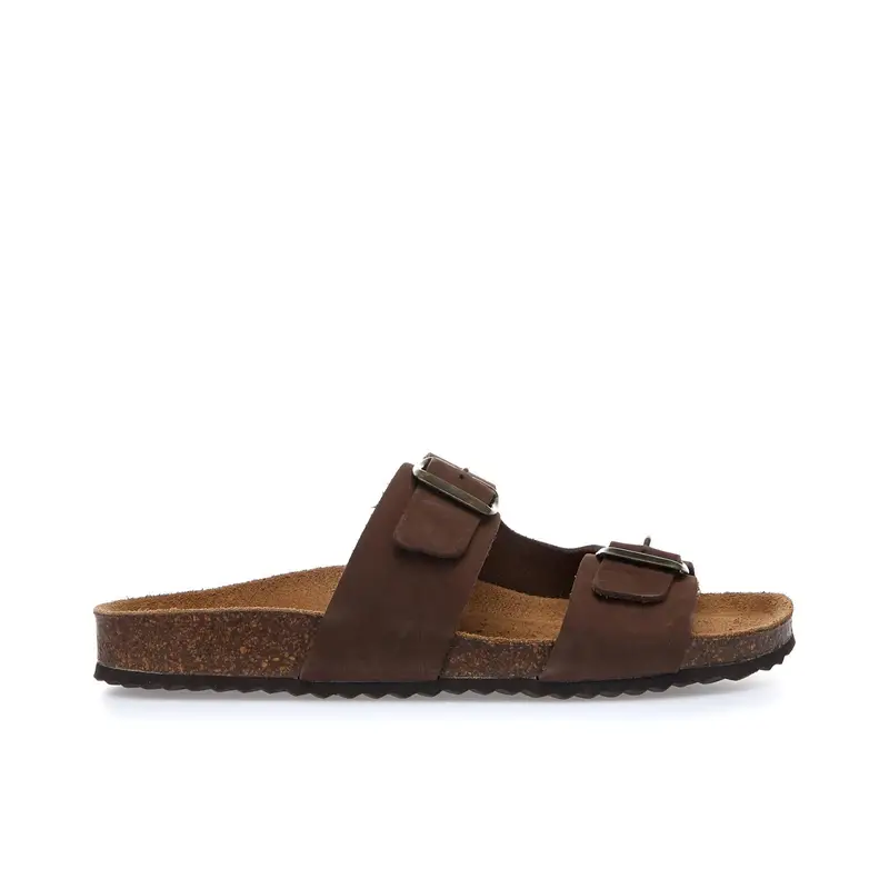 Sandali marroni in pelle con doppia fibbia e fondo effetto sughero