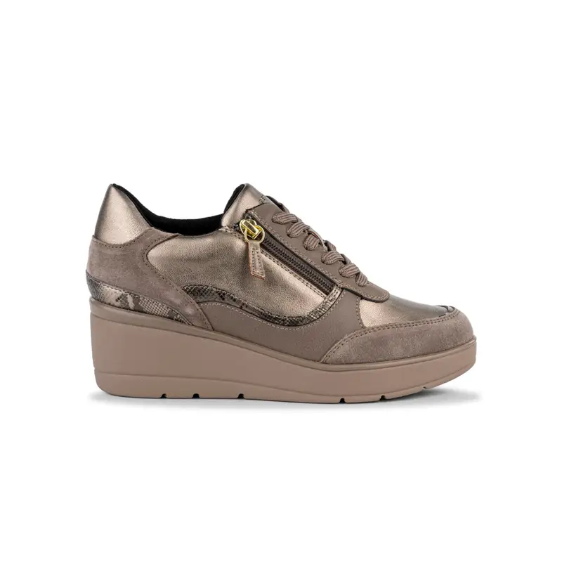 Sneakers beige da donna in pelle con suola zeppa