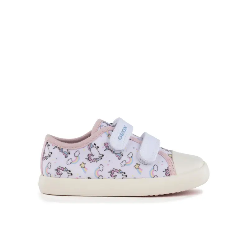 Sneakers bianche da bambina con velcro e stampa cartoon unicorni
