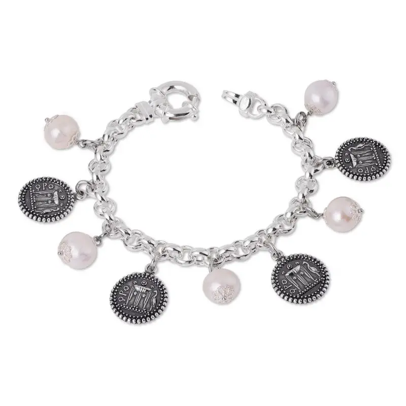 Bracciale Charms Argento 925 Con Statere E Perle - Gerardo Sacco