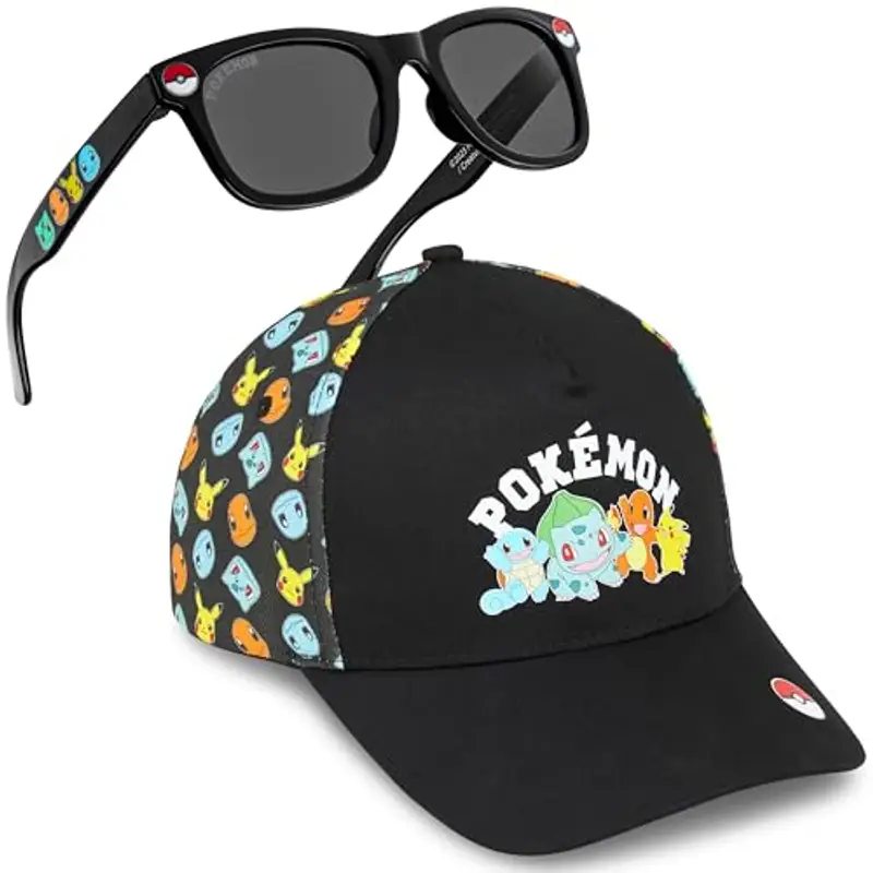 Get Trend Pokemon Berretto Baseball Occhiali da Sole Bambino Set Regolabile Cappello 100% UV Protezione Occhiali Sole (4-12 Anni, Nera Pokemon Set)