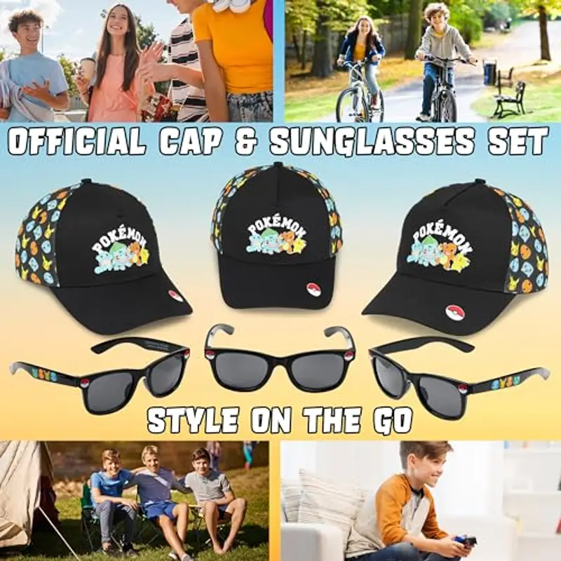 Get Trend Pokemon Berretto Baseball Occhiali da Sole Bambino Set Regolabile Cappello 100% UV Protezione Occhiali Sole (4-12 Anni, Nera Pokemon Set) miniatura 2