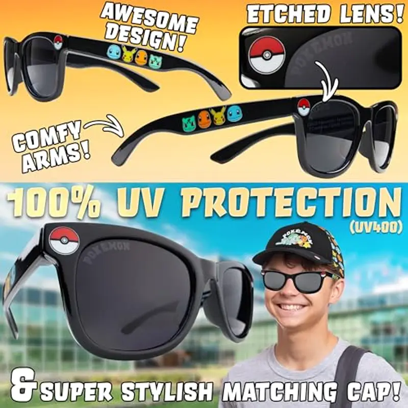 Get Trend Pokemon Berretto Baseball Occhiali da Sole Bambino Set Regolabile Cappello 100% UV Protezione Occhiali Sole (4-12 Anni, Nera Pokemon Set) miniatura 3
