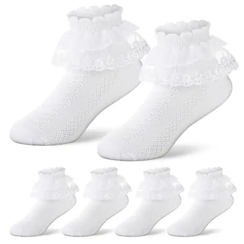 Geyoga 3 Paia Calzini con Volant in Pizzo alla Caviglia Bianchi per Bambina Scuola Comunione Balletto