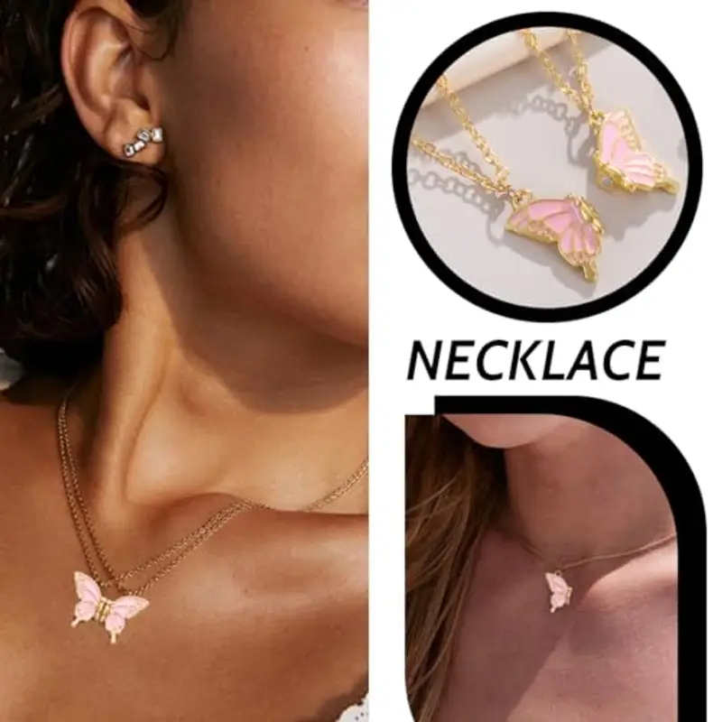 GGUFAY 2PCS Collana dell'amicizia, Farfalla Rosa Collana di Amicizia, Collana Pendente Amicizia, per Regalo di Compleanno per Migliori Amici miniatura 2