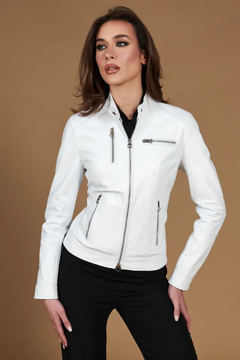 Giacca biker in pelle bianca nappa effetto liscio D'Arienzo, Seleziona Taglia XXS, Colore Bianco