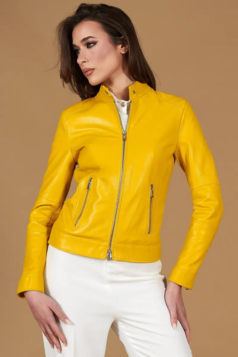 Giacca biker in pelle gialla nappa effetto liscio D'Arienzo, Seleziona Taglia XS, Colore Giallo