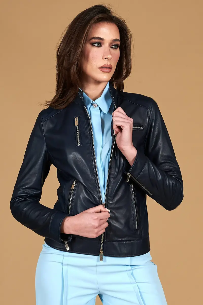 Giacca biker in pelle naturale blu avion effetto liscio D'Arienzo, Seleziona Taglia XS, Colore Blu