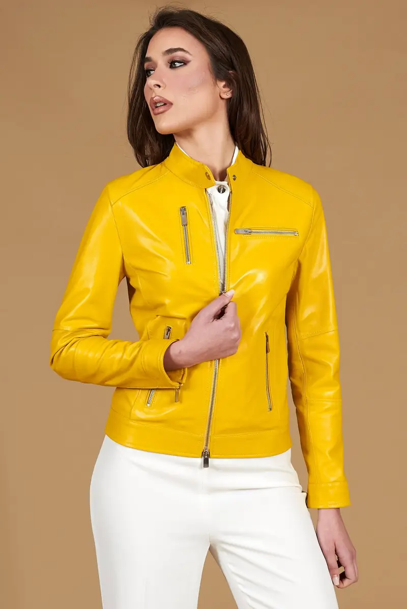 Giacca biker in pelle naturale gialla effetto liscio D'Arienzo, Seleziona Taglia XS, Colore Giallo