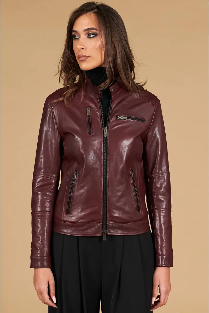 Giacca biker in pelle vegetale colore vinaccio effetto vintage D'Arienzo, Seleziona Taglia XS, Colore Vinaccio