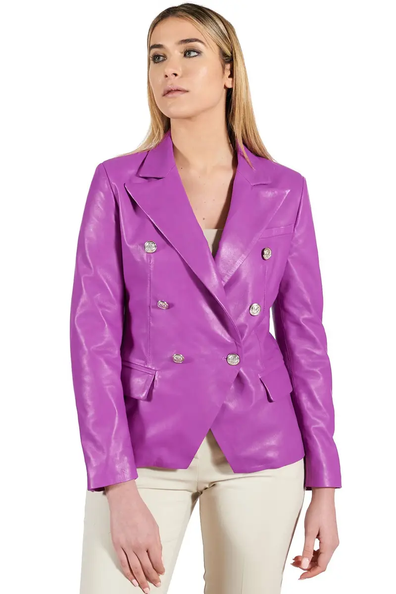 Giacca blazer doppio petto in pelle naturale glicine D'Arienzo, Seleziona Taglia L, Colore Viola