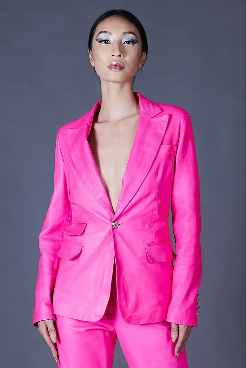 Giacca blazer in pelle fuxia versione monopetto D'Arienzo, Seleziona Taglia S, Colore Fuxia