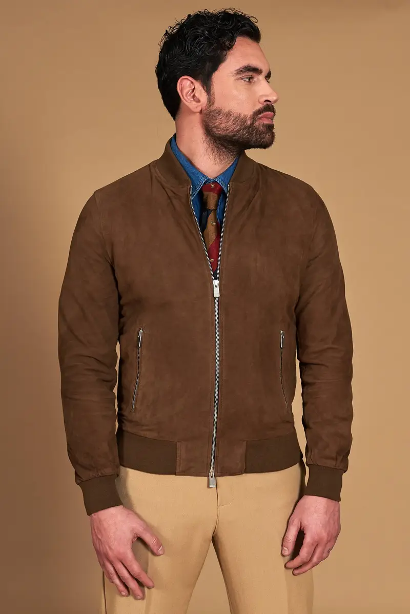 Giacca Bomber in pelle scamosciata fango due tasche D'Arienzo, Seleziona Taglia 48, Colore Fango