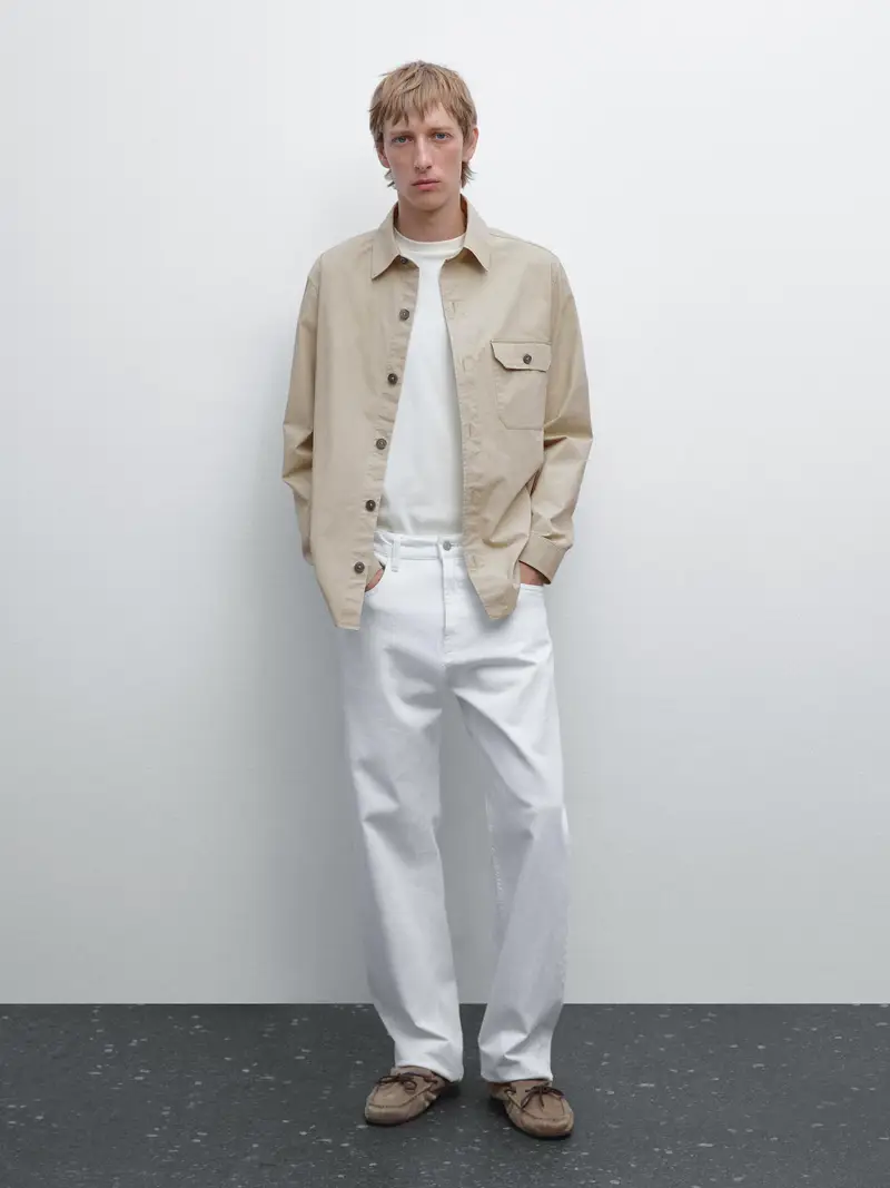 Giacca Camicia Con Tasca 100% Cotone - Beige Chiaro - Xl - Massimo Dutti - Maschile