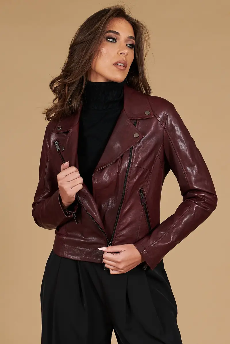 Giacca chiodo in pelle colore vinaccia effetto vintage D'Arienzo, Seleziona Taglia XS, Colore Vinaccio