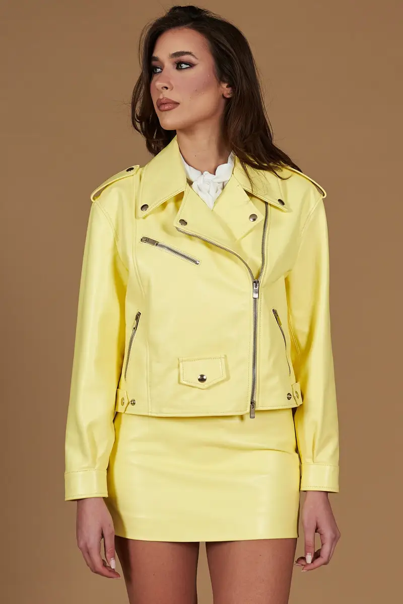 Giacca chiodo in pelle giallo pastello vestibilità comoda D'Arienzo, Seleziona Taglia XS-S, Colore Giallo