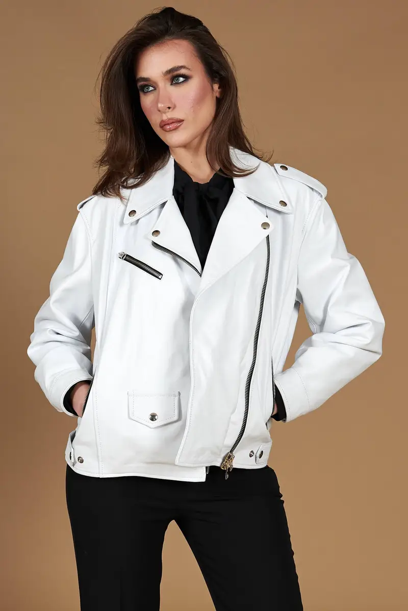 Giacca chiodo in pelle nappa bianca vestibilità comoda D'Arienzo, Seleziona Taglia XS-S, Colore Bianco