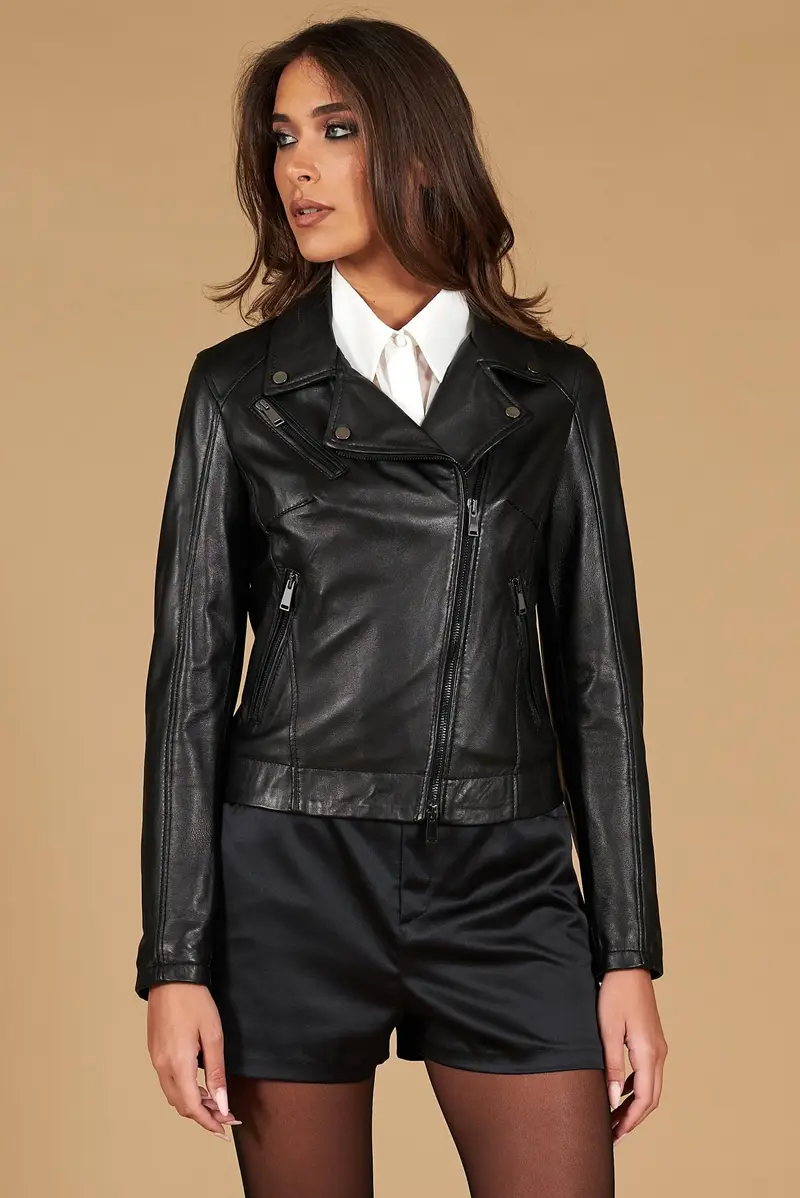 Giacca chiodo in pelle nera effetto liscio D'Arienzo, Seleziona Taglia XL, Colore Nero