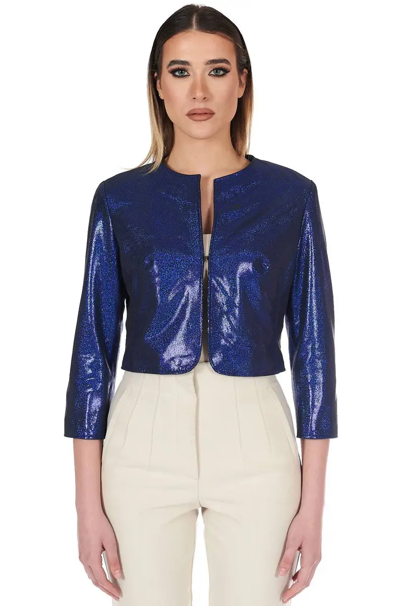 Giacca corta bolero in pelle laminata blu girocollo D'Arienzo, Seleziona Taglia XS, Colore Blu