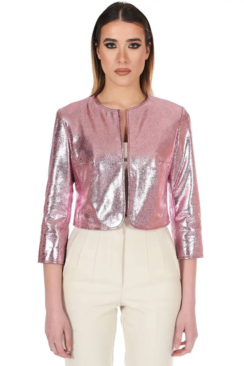 Giacca corta bolero in pelle laminata rosa girocollo D'Arienzo, Seleziona Taglia XS, Colore Rosa