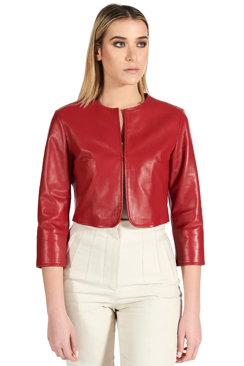 Giacca corta bolero in pelle rossa girocollo nappa effetto liscio D'Arienzo, Seleziona Taglia L, Colore Rosso
